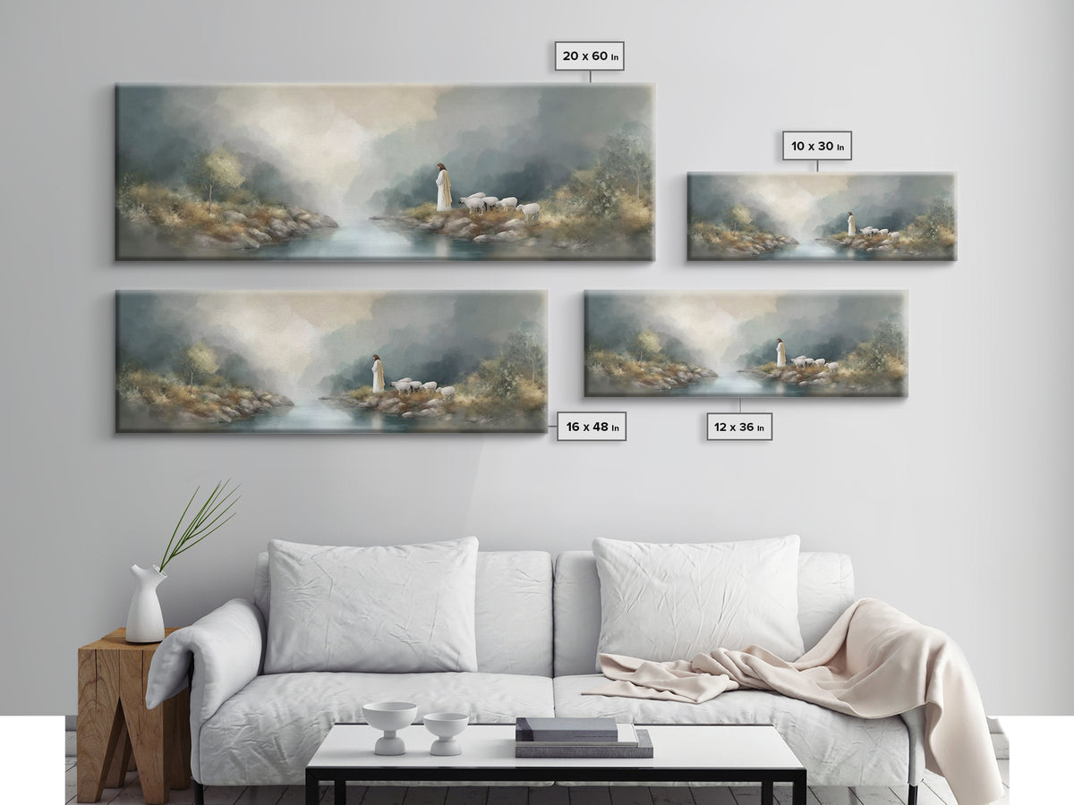 Shepherd's Quiet Path – Framed Canvas Print – Panoramic Frame – Jesus Painting – Christian Art Canvas – Christian Wall Art