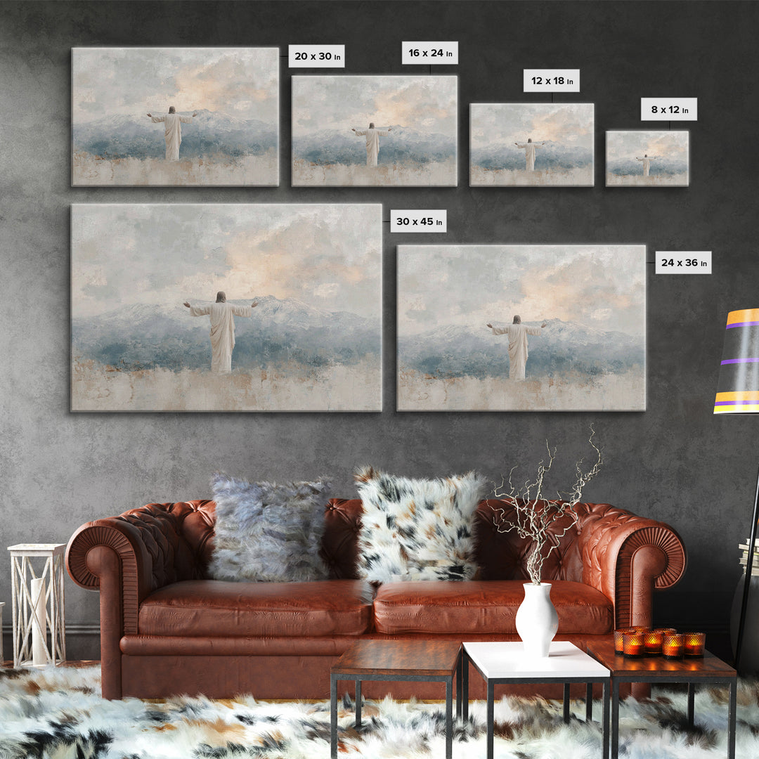Mountain Dawn Savior – Framed Canvas Print – Christian Wall Art – Subtle Christian Art – Jesus Painting – Christian Art Canvas – Christian