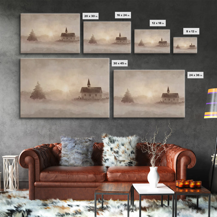 Misty Chapel Dawn – Framed Canvas Print – Christian Wall Art – Christian Art Canvas – Christian Painting – Modern Christian Painting – Chri