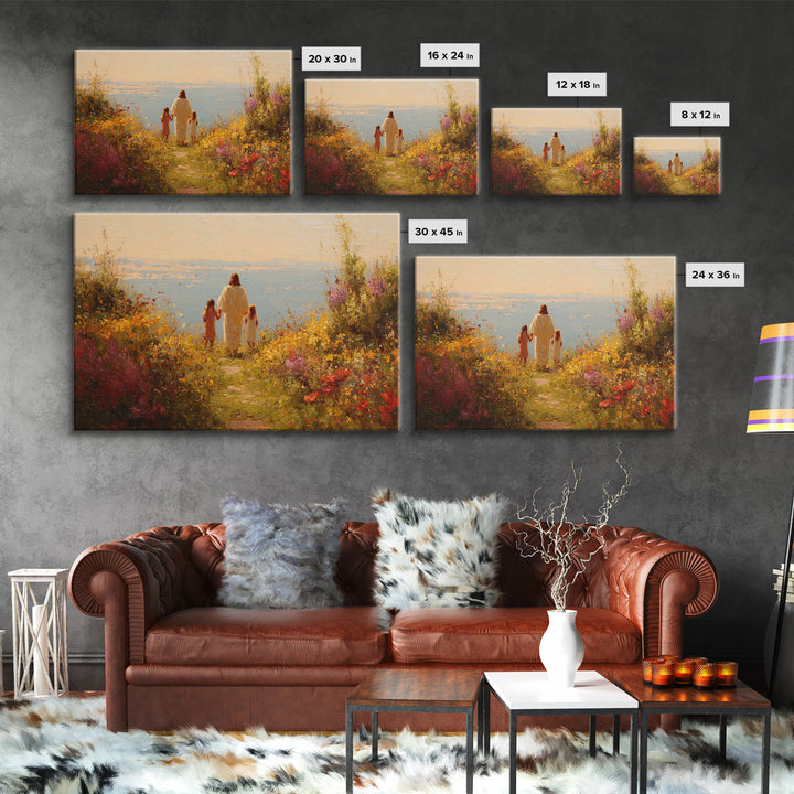 Golden Blossom Walk | Framed Canvas Print | Christian Wall Art | Jesus Painting | Christian Art Work | Bright Christian Art | Christian Chr