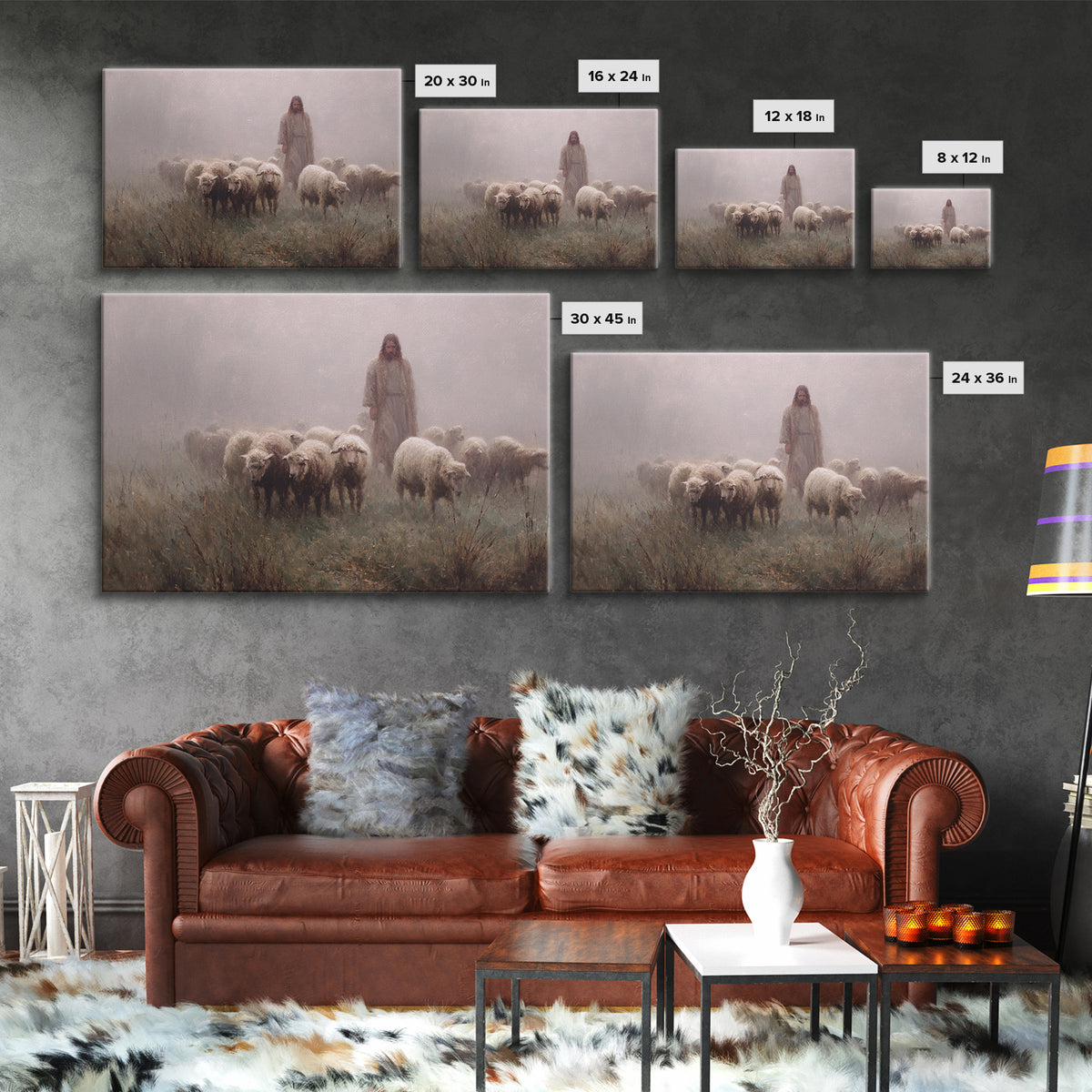 Misty Flock Dawn – Framed Canvas Print – Christian Paintings – Jesus Art Print – Pastoral Scenery – Modern Christian Art – Christian Wall A
