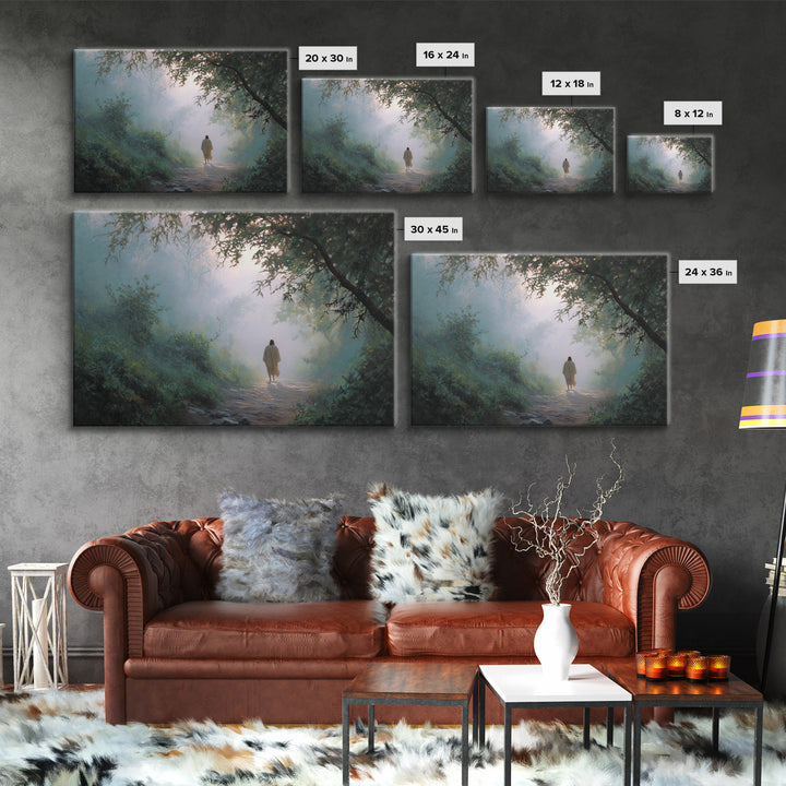 Forest Dawn Walk, Framed Canvas Print, Christian Wall Art, Christian Art Canvas, Jesus Painting, Moody Christian Art