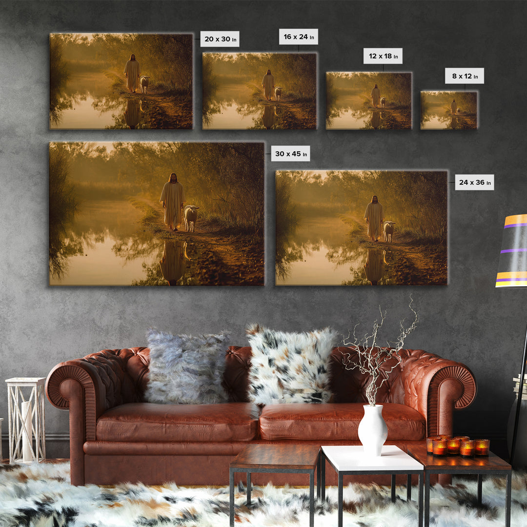 Golden River Peace, Framed Canvas Print, Jesus Painting, Christian Wall Art, Christian Art Canvas, Modern Christian Art