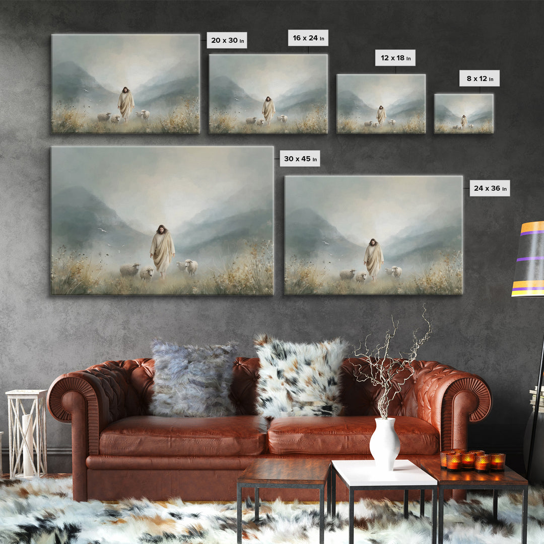 Evening Flock, Framed Canvas Print, Christian Wall Art, Jesus Painting Canvas, Moody Christian Art, Christian Decor, Large Christian Painti
