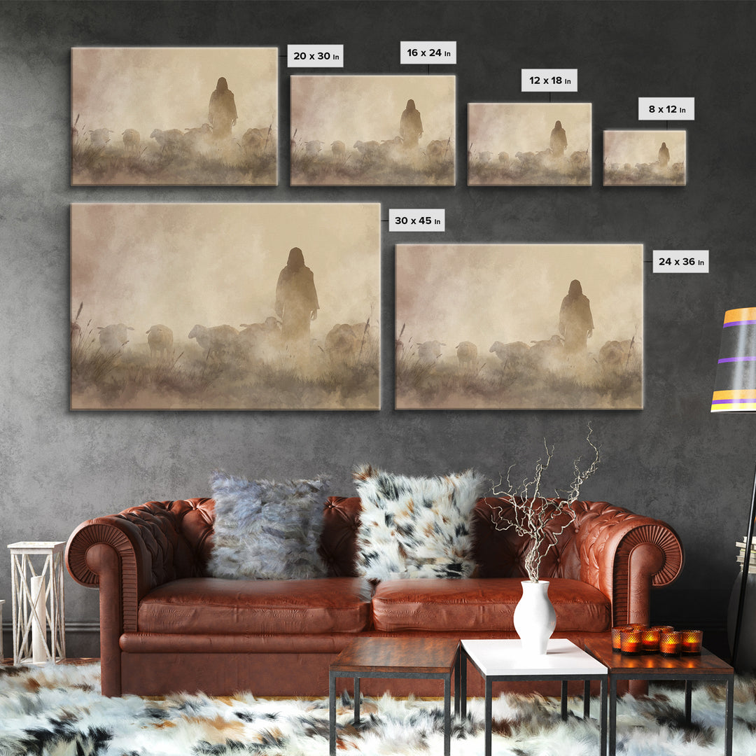 Misty Shepherd – Framed Canvas Print – Christian Wall Art – Jesus Painting – Christian Art Canvas – Moody Christian Art – Christian Gift Id