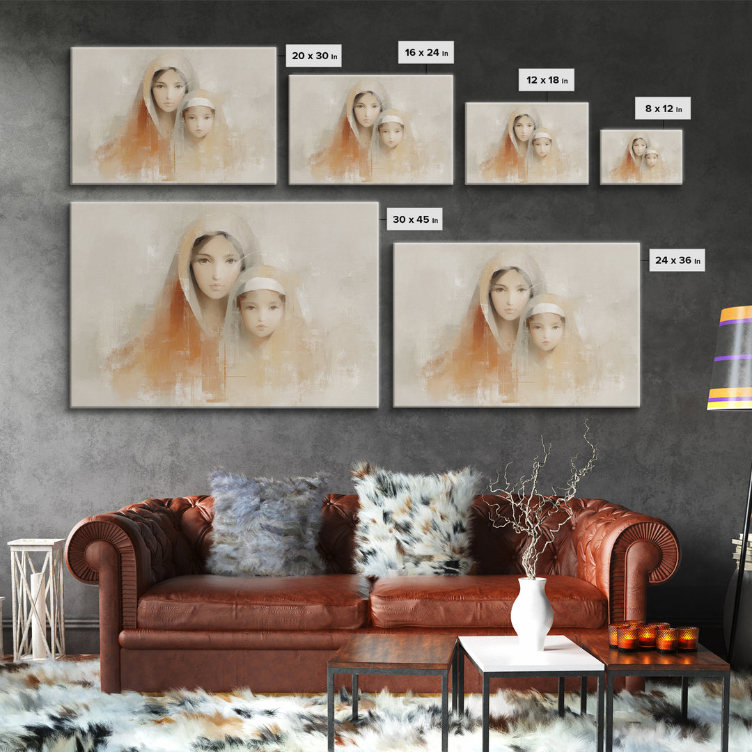 Tender Embrace, Framed Canvas Print, Christian Wall Art, Mary And Jesus Painting, Christian Art Canvas, Large Christian Art, Subtle Christi