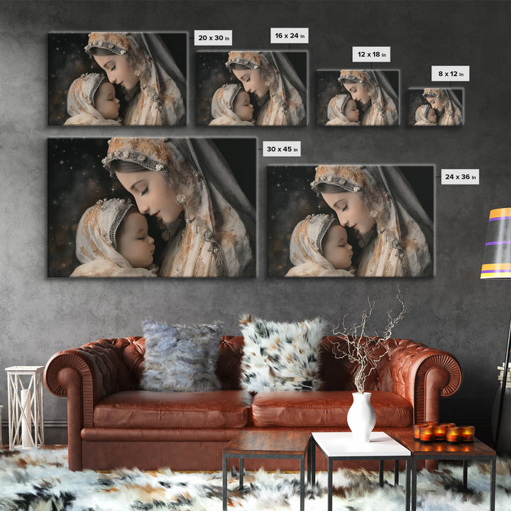 Starry Motherhood | Framed Canvas Print | Christian Wall Art | Mary And Jesus Painting | Christian Art Canvas | Christian Art