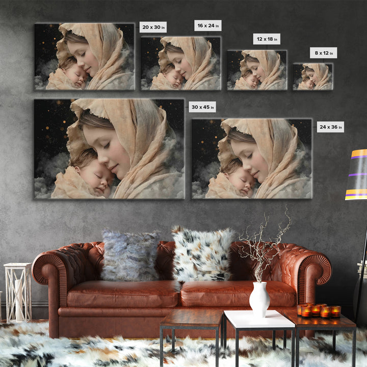 Divine Tenderness | Framed Canvas Print | Christian Art | Christian Art Canvas | Mary And Jesus Painting | Christian Wall Art