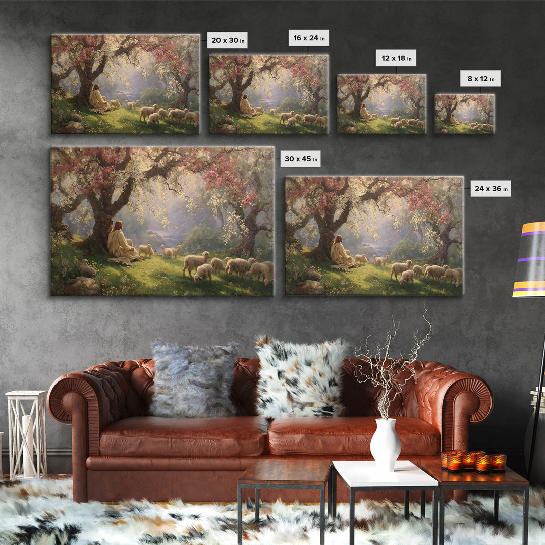 Pastoral Dawn Peace – Framed Canvas Print – Jesus Painting – Christian Wall Art – Christian Art Canvas – Christian Christmas Art – Christia