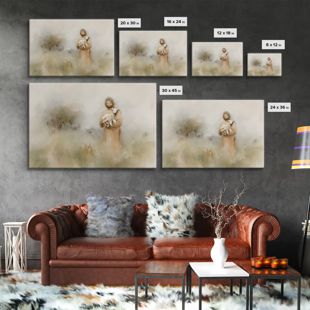 Soft Meadow Shepherd – Framed Canvas Print – Minimalist Christian Art – Christian Wall Art – Christian Art Canvas – Subtle Christian Painti