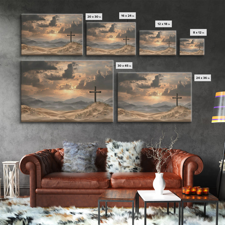 Desert Cross Stillness, Framed Canvas Print, Christian Wall Art, Christian Art Painting, Moody Christian Art, Christian Art Canvas, Jesus P
