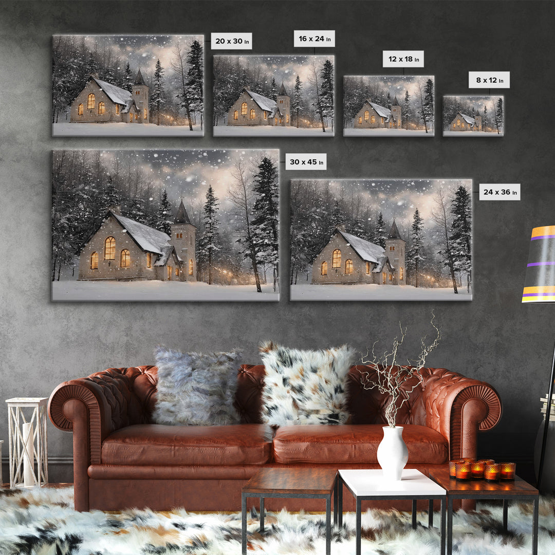 Frosted Sanctuary – Framed Canvas Print – Christian Wall Art – Christmas Canvas Wall Art – Christian Christmas Art – Moody Christmas Art –