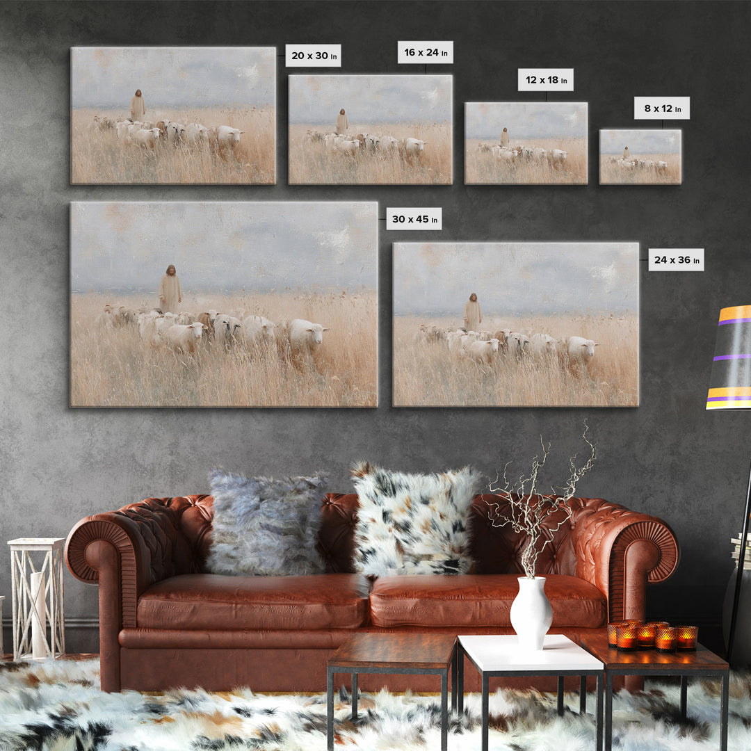 Golden Field Shepherd, Framed Canvas Print, Christian Art Canvas, Jesus Painting, Christian Wall Art, Christian Art Gift, Large Christian A
