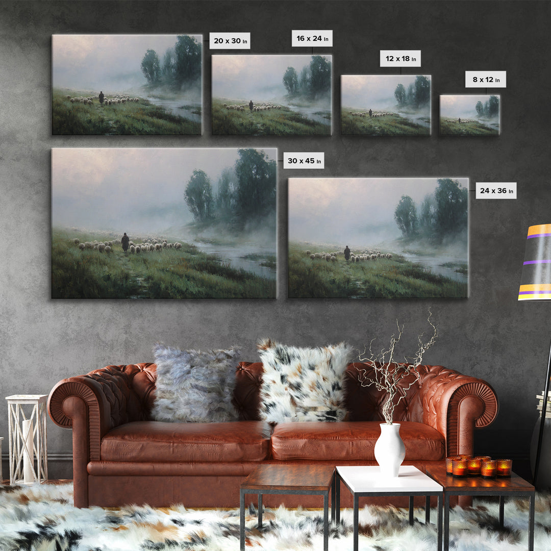 Misty River Flock | Framed Canvas Print | Christian Wall Art | Christian Painting | Christian Art Canvas | Subtle Christian Art | Christian