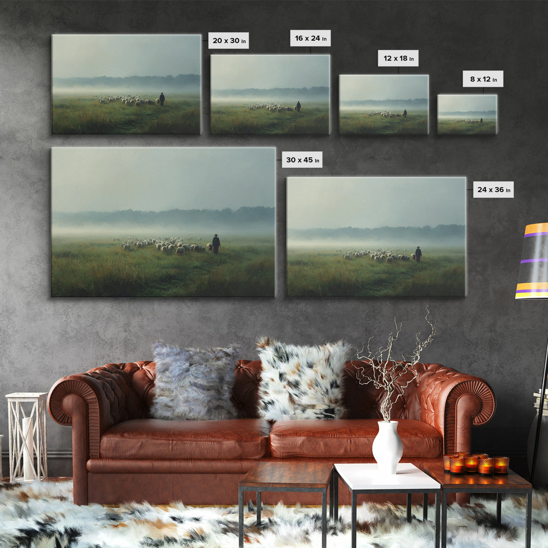 Morning Meadow Flock, Framed Canvas Print, Christian Art Work, Christian Wall Art, Jesus Painting, Large Christian Painting, Christian Art