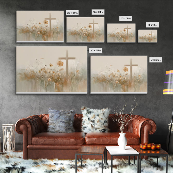 Meadow Cross Hope - Framed Canvas Print - Christian Painting - Christian Art Canvas - Minimalist Christian Art - Christian Wall Art