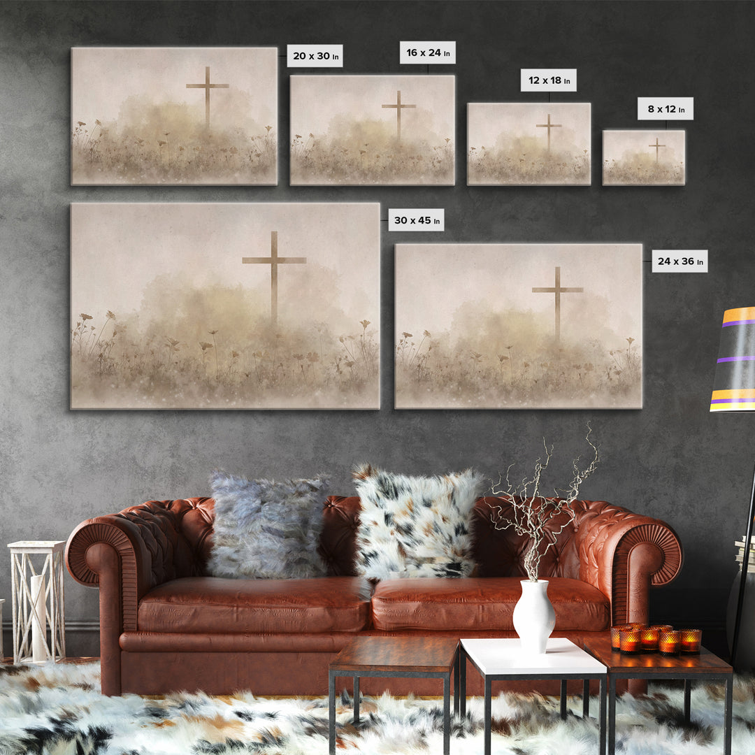 Desert Bloom Cross - Framed Canvas Print - Minimalist Christian Art - Christian Art Canvas - Christian Wall Art - Christian Painting