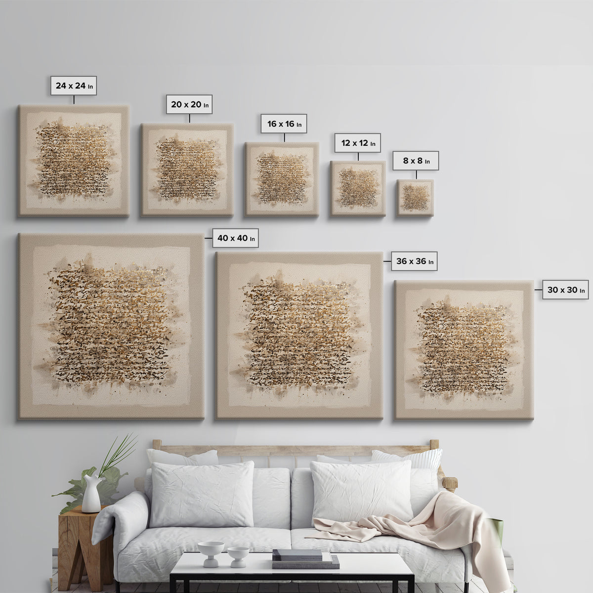Abstract Gold Calligraphic Strokes on Ivory Paper Canvas Print, Calligraphy Art, Bedroom Wall Decor, Living Room Decor, Script, CAL-1x1-2