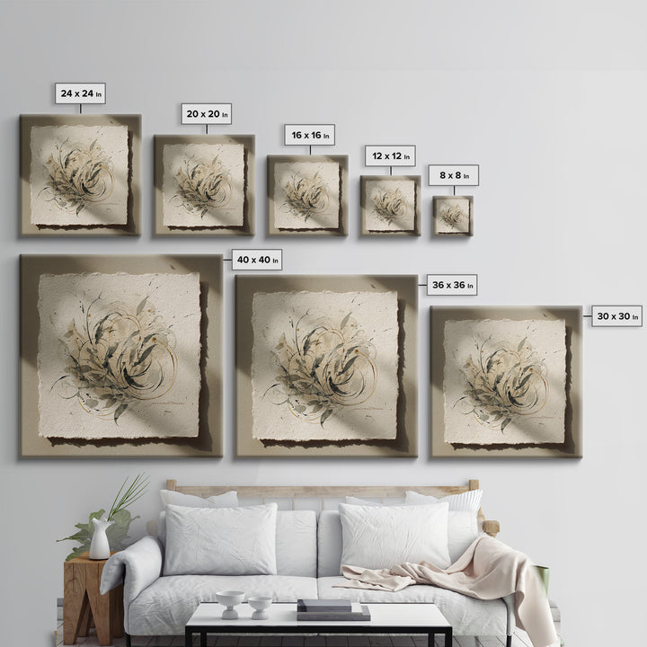 Botanical Calligraphy Pattern Canvas Print, Calligraphy Art, Living Room Wall Art, Living Room Decor, Fine Art, Script, CAL-1x1-22