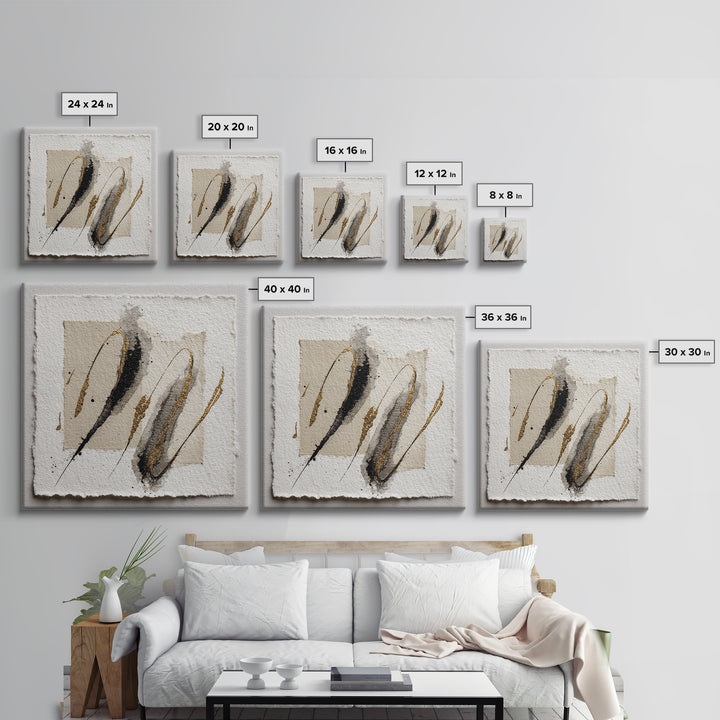 Abstract Gold Calligraphic Strokes on Ivory Paper Canvas Print, Calligraphy Art, Scripture Art, Living Room Decor, Script, CAL-1x1-26