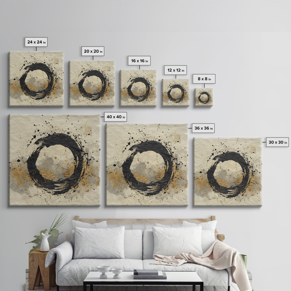 Japanese Brush Mark Circle Framed Canvas Print, Calligraphy Art, Print, Living Room Decor, Fine Art, Script, Custom Art, CAL-1x1-28