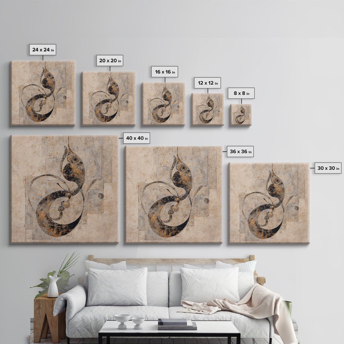 Arabic Ornamental Curves as Non Readable Art Canvas Print, Calligraphy Art, Wallart, Living Room Decor, Fine Art, Script, CAL-1x1-3