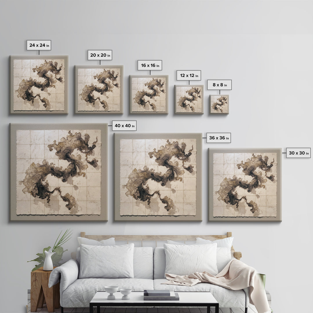 Ink Wash Dragon Curve Framed Canvas Print, Calligraphy Art, Statement Artwork, Living Room Decor, Fine Art, Script, Wall Decor, CAL-1x1-33