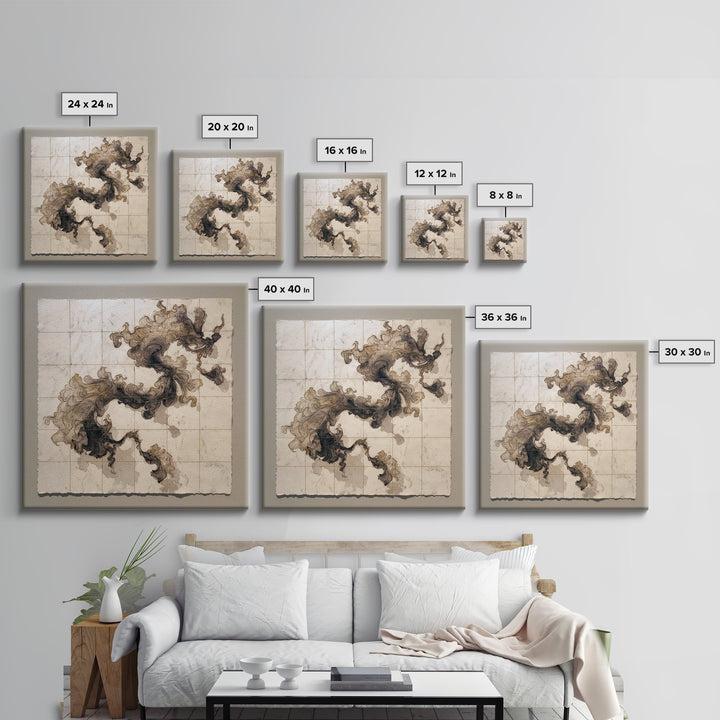 Ink Wash Dragon Curve Framed Canvas Print, Calligraphy Art, Statement Artwork, Living Room Decor, Fine Art, Script, Wall Decor, CAL-1x1-33