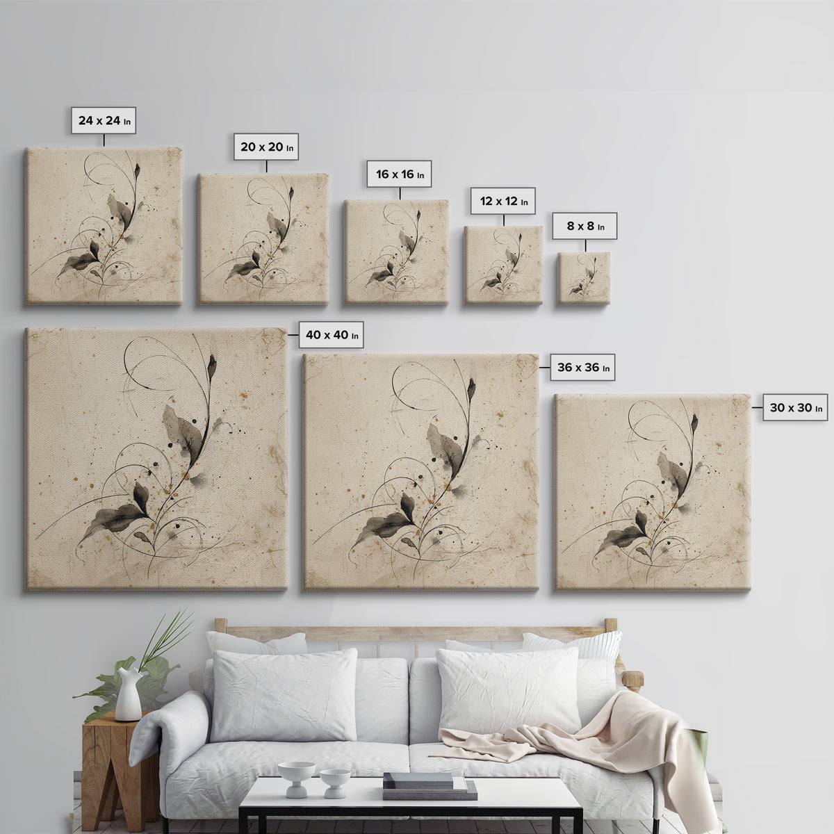 Floral Vine Created from Graceful Script Like Canvas Print, Calligraphy Art, Living Room Wall Art, Living Room Decor, Script, CAL-1x1-35