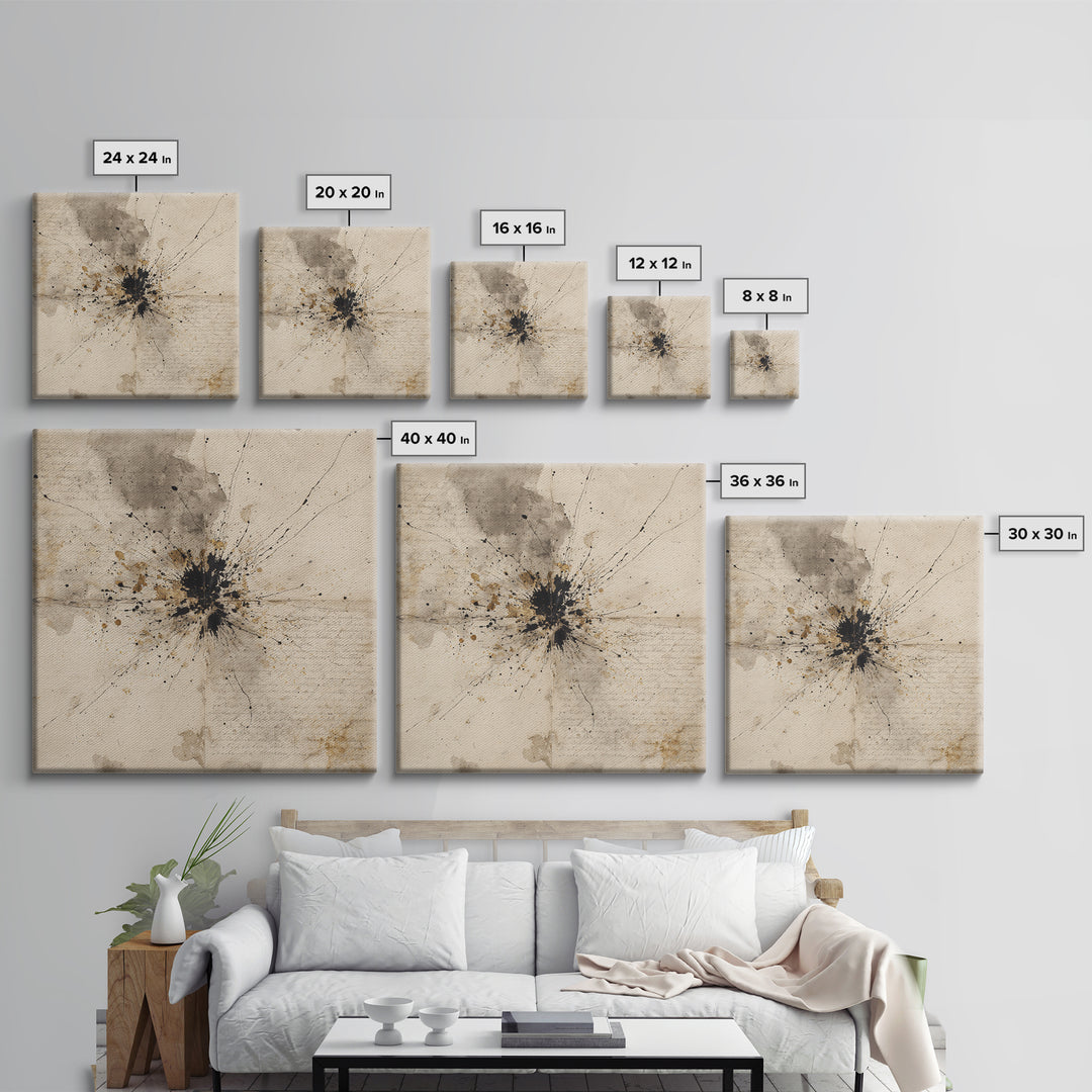 Ink Splatter and Long Brushstroke Composition Framed Canvas Print, Calligraphy Art, Art Print, Living Room Decor, Script, CAL-1x1-40