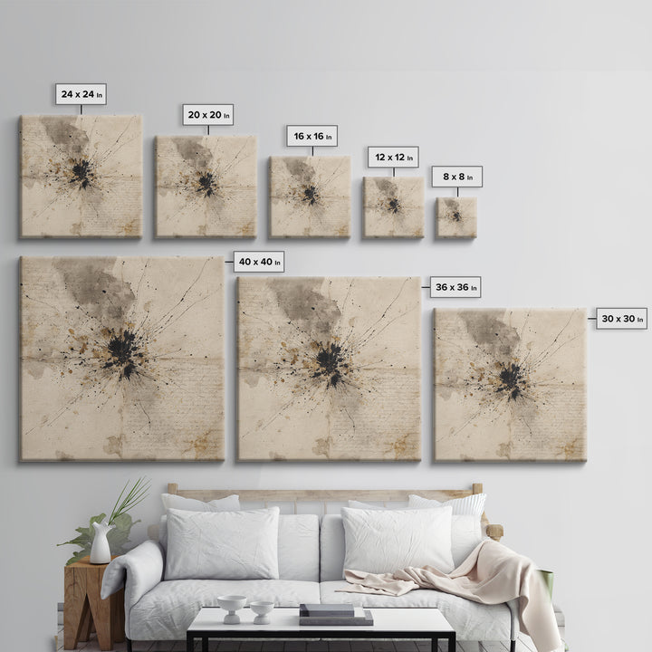 Ink Splatter and Long Brushstroke Composition Framed Canvas Print, Calligraphy Art, Art Print, Living Room Decor, Script, CAL-1x1-40