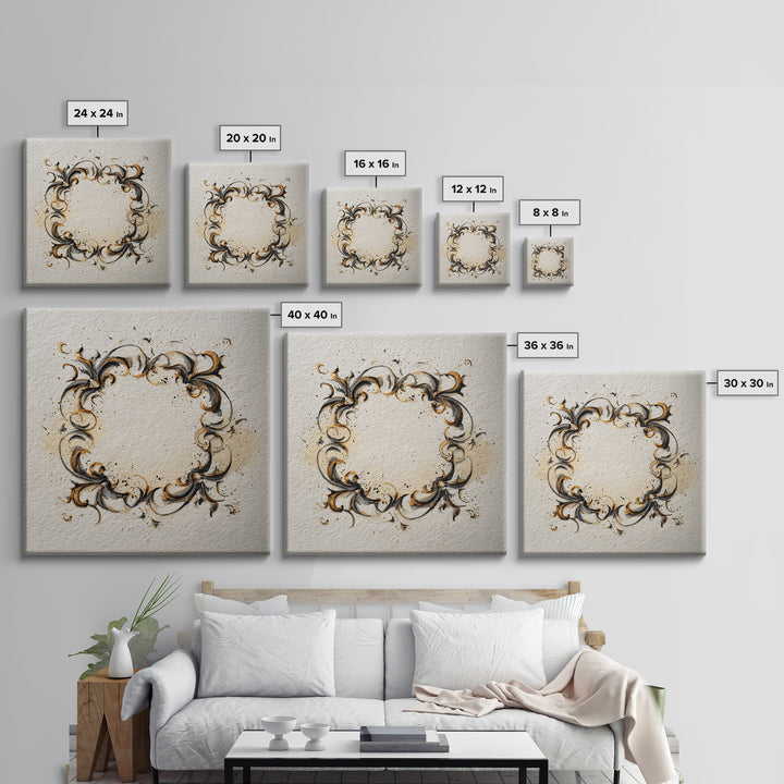 Ornamental Frame of Flourished Pen Curves Framed Canvas Print, Calligraphy Art, Minimalist Wall Art, Living Room Decor, Script, CAL-1x1-42