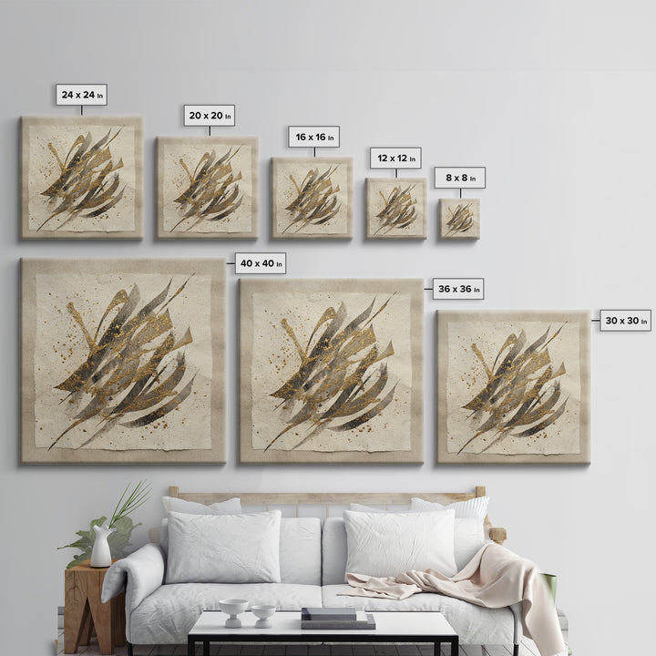 Abstract Gold Calligraphic Strokes on Ivory Paper Canvas Print, Calligraphy Art, Scripture Art, Living Room Decor, Script, CAL-1x1-50