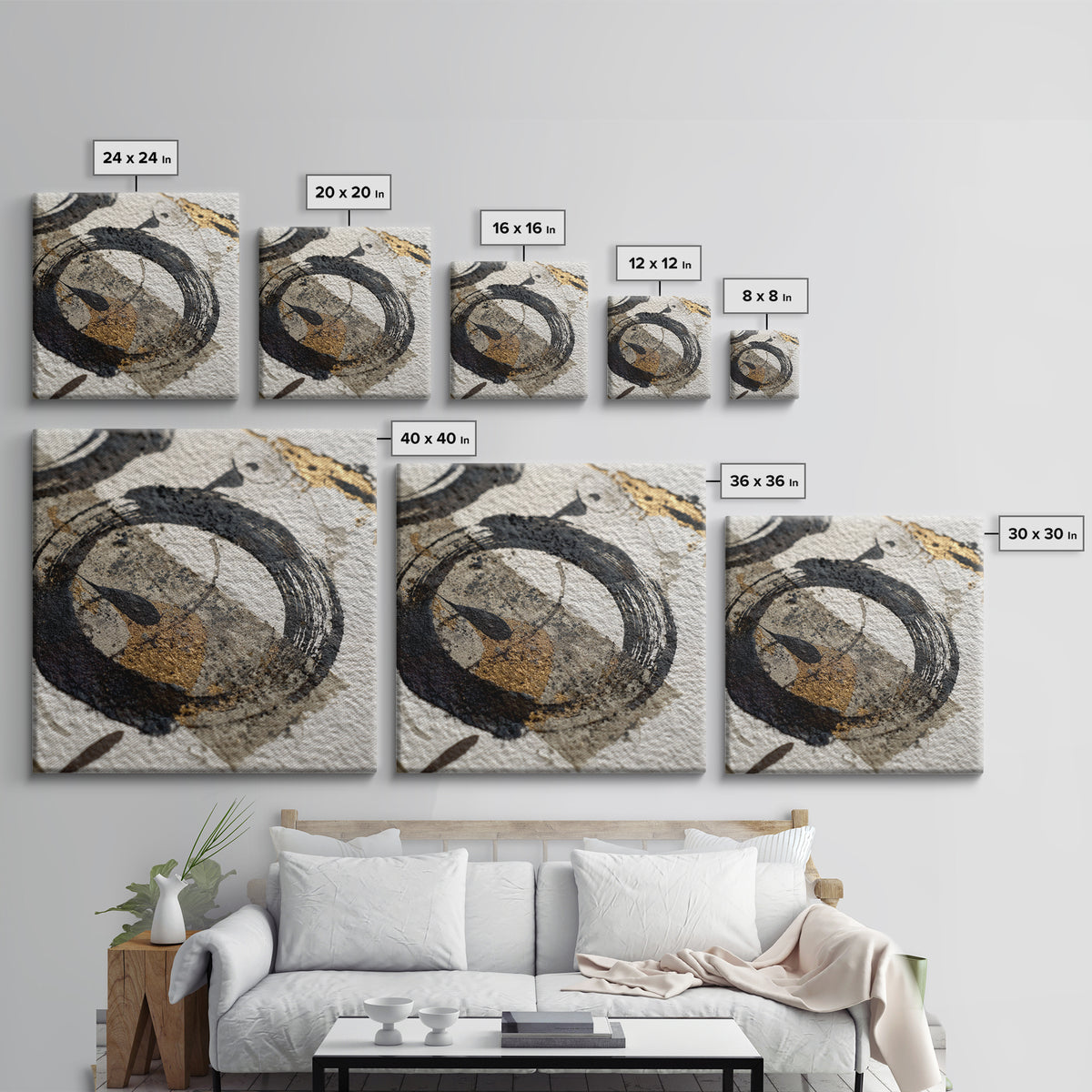 Japanese Brush Mark Circle Framed Canvas Print, Calligraphy Art, Bedroom Wall Decor, Living Room Decor, Fine Art, Script, CAL-1x1-52