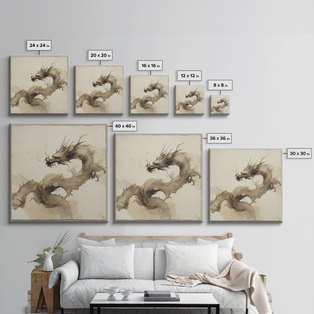 Ink Wash Dragon Curve Framed Canvas Print, Calligraphy Art, Statement Artwork, Living Room Decor, Fine Art, Script, Wall Decor, CAL-1x1-57