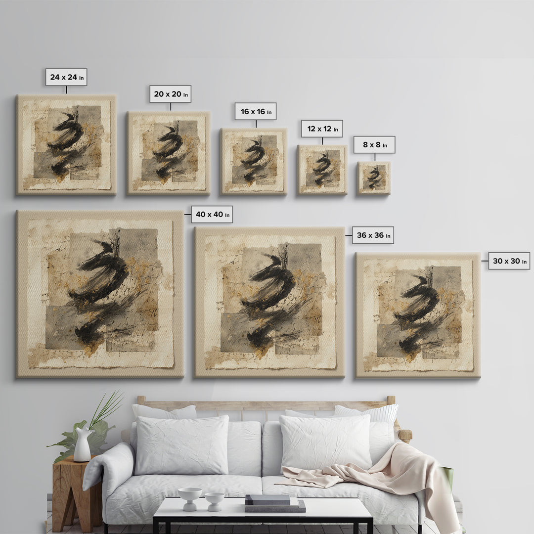 Abstract Prayer Flag of Brush Marks Framed Canvas Print, Calligraphy Art, Japanese Decor, Living Room Decor, Fine Art, Script, CAL-1x1-71
