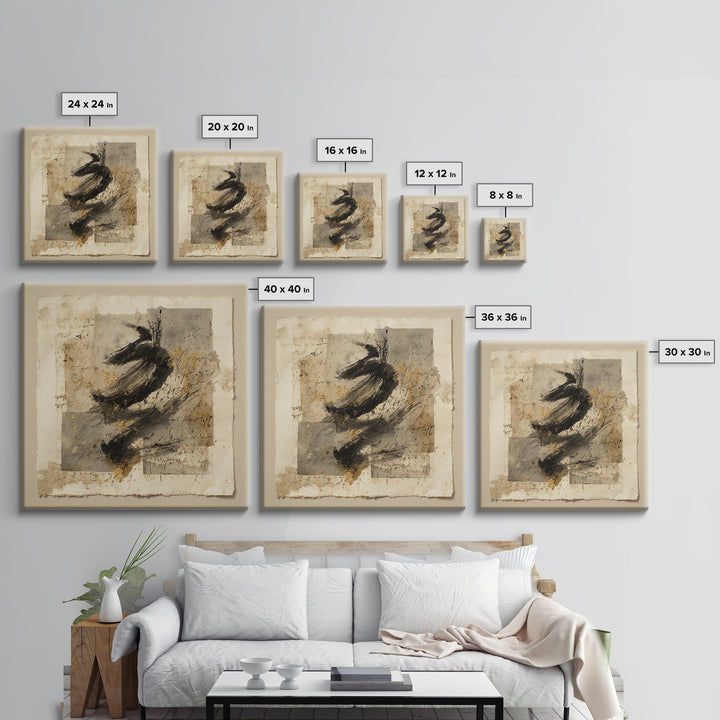 Abstract Prayer Flag of Brush Marks Framed Canvas Print, Calligraphy Art, Japanese Decor, Living Room Decor, Fine Art, Script, CAL-1x1-71