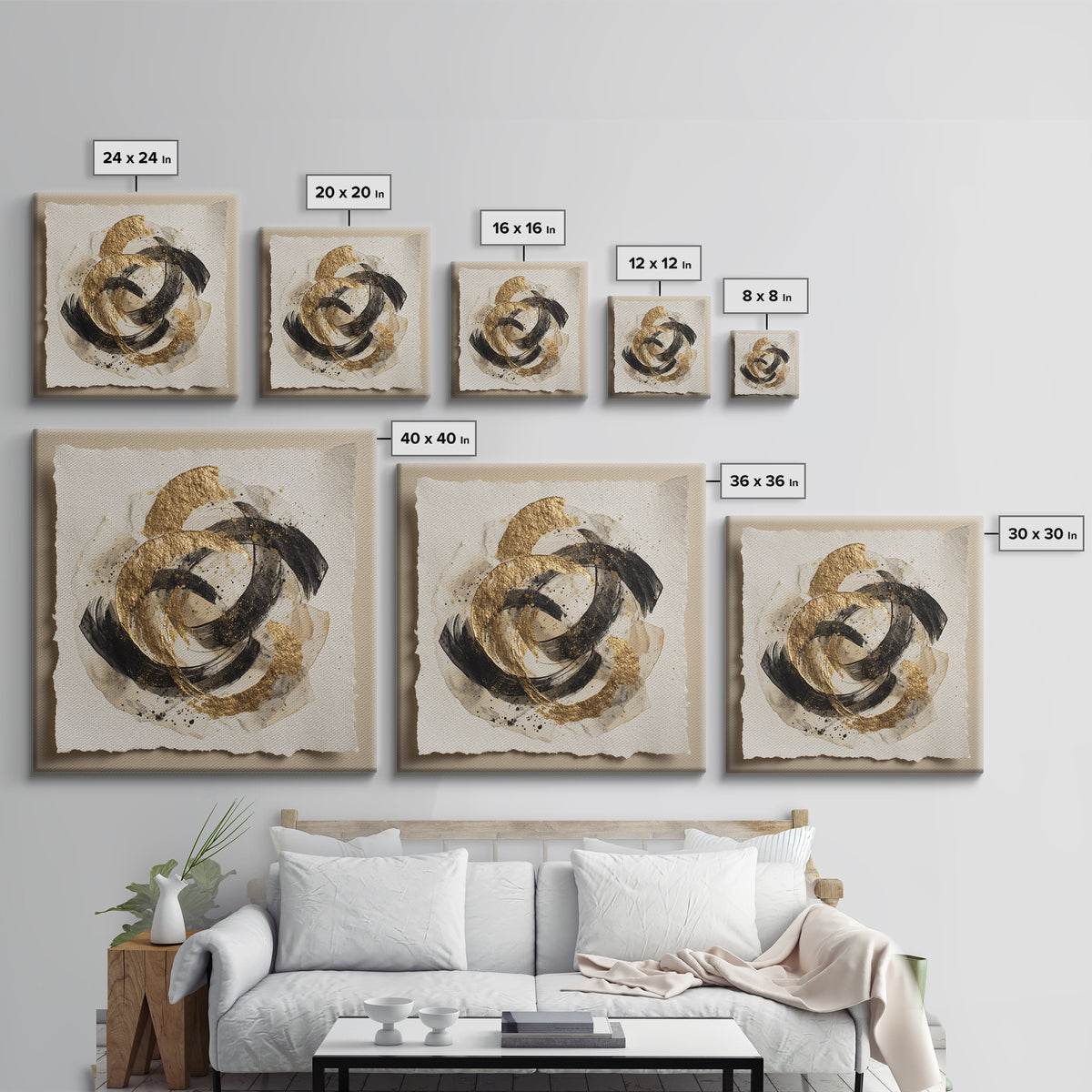 Abstract Gold Calligraphic Strokes on Ivory Paper Canvas Print, Calligraphy Art, Spiritual Wall Art, Living Room Decor, Script, CAL-1x1-74