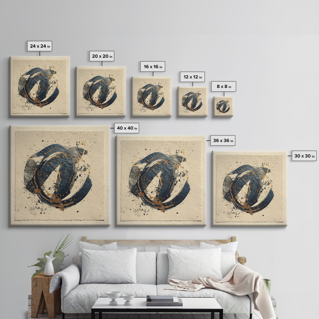 Layered Copper Ink Strokes on Dark Navy Framed Canvas Print, Calligraphy Art, Gallery Decor, Living Room Decor, Script, CAL-1x1-78