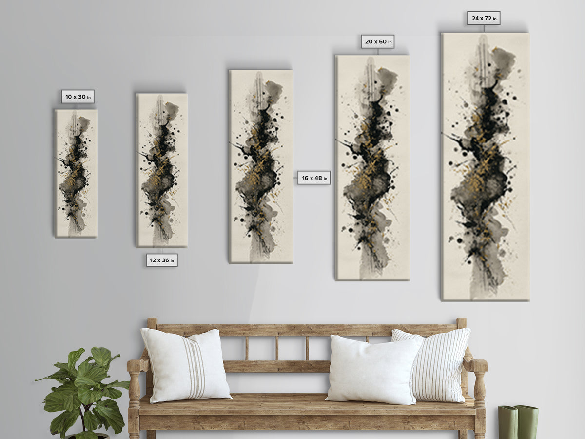 Ink Splatter and Long Brushstroke Composition Framed Canvas Print, Calligraphy Art, Home Decor, Living Room Decor, Script, CAL-1x3-52