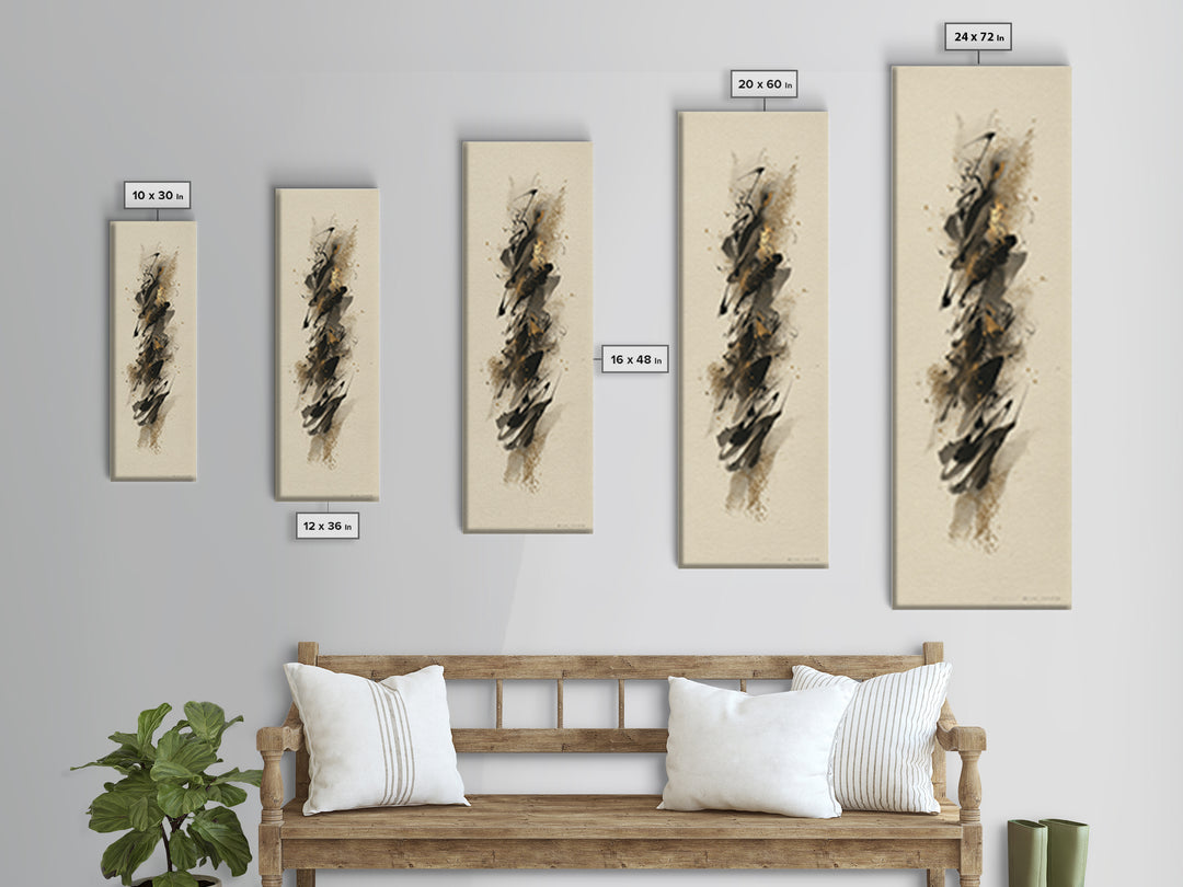 Abstract Gold Calligraphic Strokes on Ivory Paper Canvas Print, Calligraphy Art, Neutral Decor, Living Room Decor, Script, CAL-1x3-62