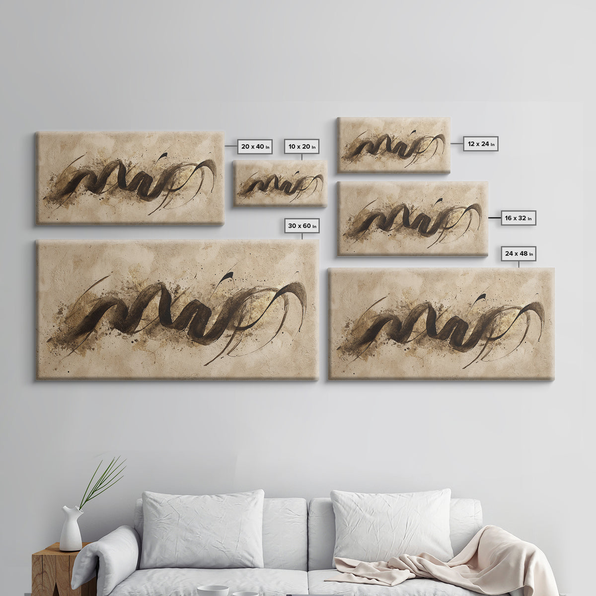 Gold Leaf Calligraphic Spiral on Plaster Surface Canvas Print, Calligraphy Art, Art Print, Living Room Decor, Script, CAL-2x1-10