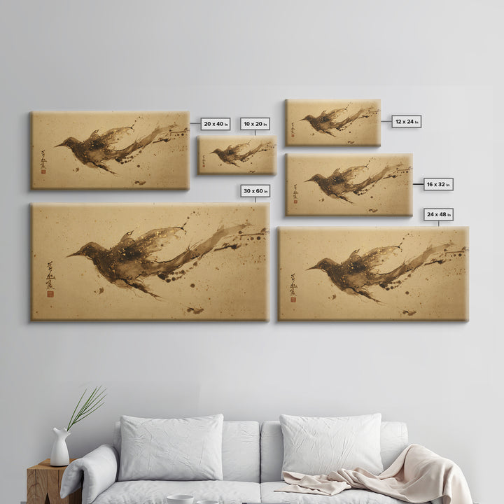 Calligraphic Bird Shape Formed from Flowing Lines Framed Canvas Print, Calligraphy Art, Modern Art, Living Room Decor, Script, CAL-2x1-100