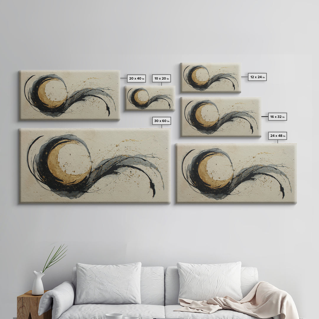 Crescent Moon Made from Elegant Ink Swashes Canvas Print, Calligraphy Art, Contemporary Art, Living Room Decor, Script, CAL-2x1-17