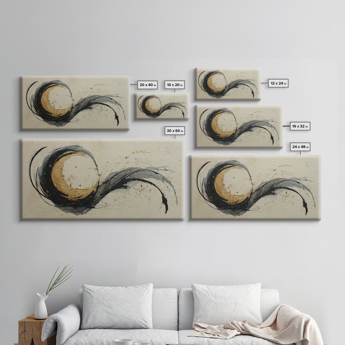 Crescent Moon Made from Elegant Ink Swashes Canvas Print, Calligraphy Art, Contemporary Art, Living Room Decor, Script, CAL-2x1-17