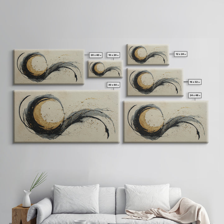 Crescent Moon Made from Elegant Ink Swashes Canvas Print, Calligraphy Art, Contemporary Art, Living Room Decor, Script, CAL-2x1-17