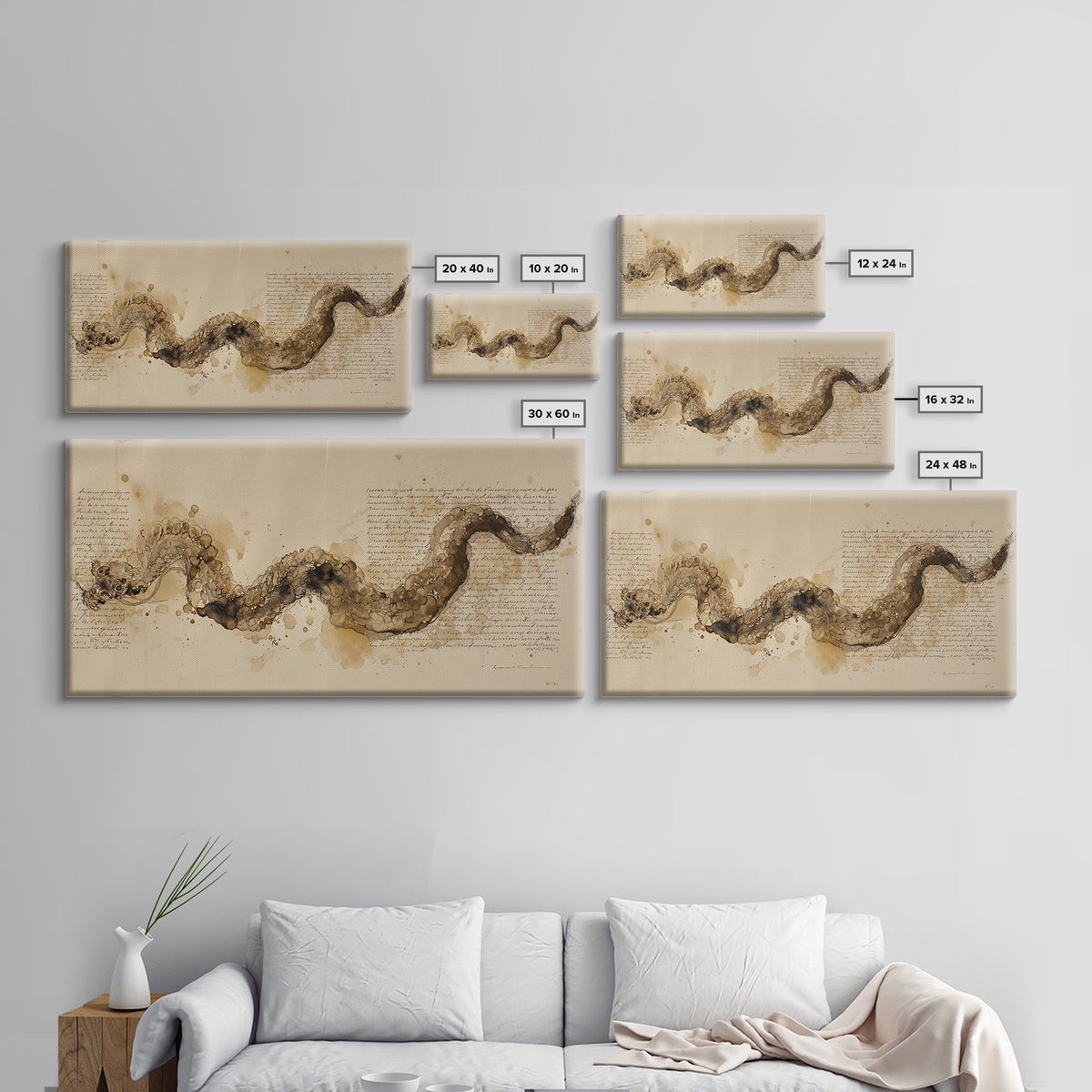 Ink Wash Dragon Curve Framed Canvas Print, Calligraphy Art, Art, Living Room Decor, Fine Art, Script, Unique Wall Art, CAL-2x1-29