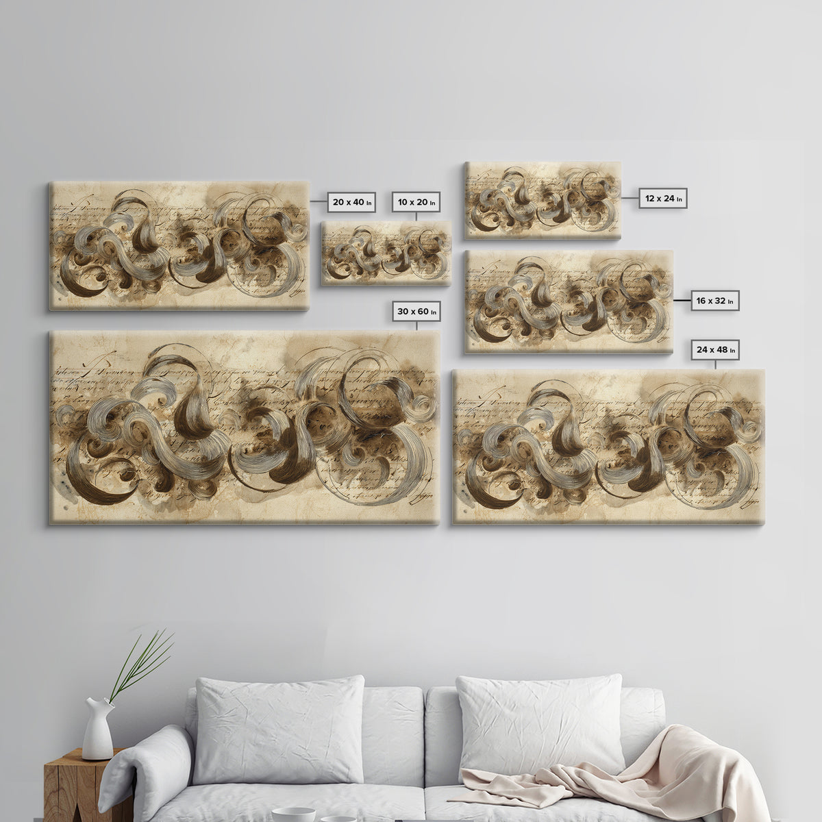 Baroque Scrollwork Made from Looping Pen Strokes Canvas Print, Calligraphy Art, Contemporary Art, Living Room Decor, Script, CAL-2x1-32
