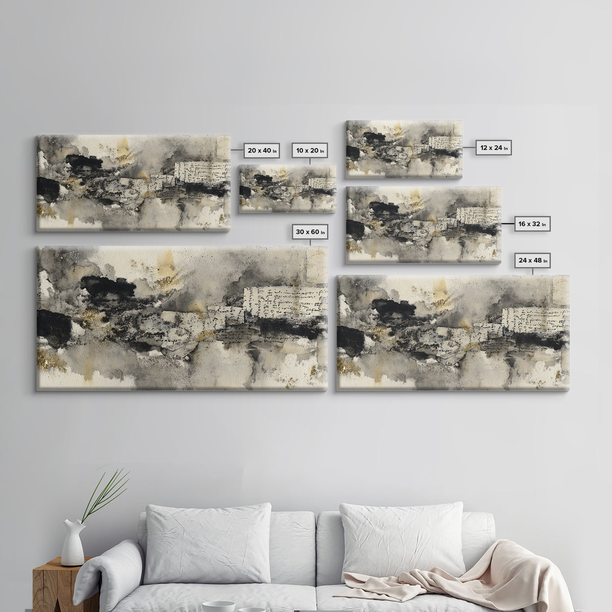 Monochrome Brush Alphabet Fragments as Abstract Texture Canvas Print, Calligraphy Art, Living Room Decor, Script, CAL-2x1-33