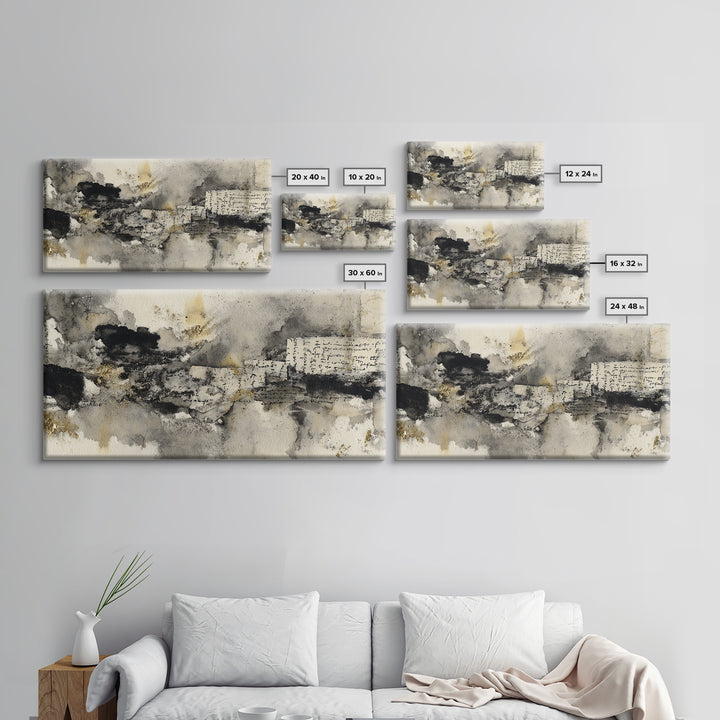 Monochrome Brush Alphabet Fragments as Abstract Texture Canvas Print, Calligraphy Art, Living Room Decor, Script, CAL-2x1-33